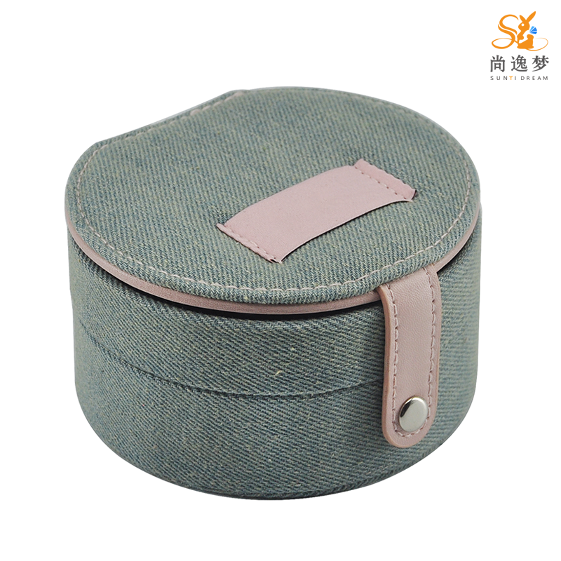 Denim Fabric Cloth Jeans Double Layers Travel Jewelry Box